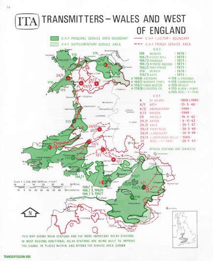 A map of Wales and the west of England with UHF coverage in green and the larger VHF coverage outlined in red. The Welsh transmitters all stop dead at the border with England.