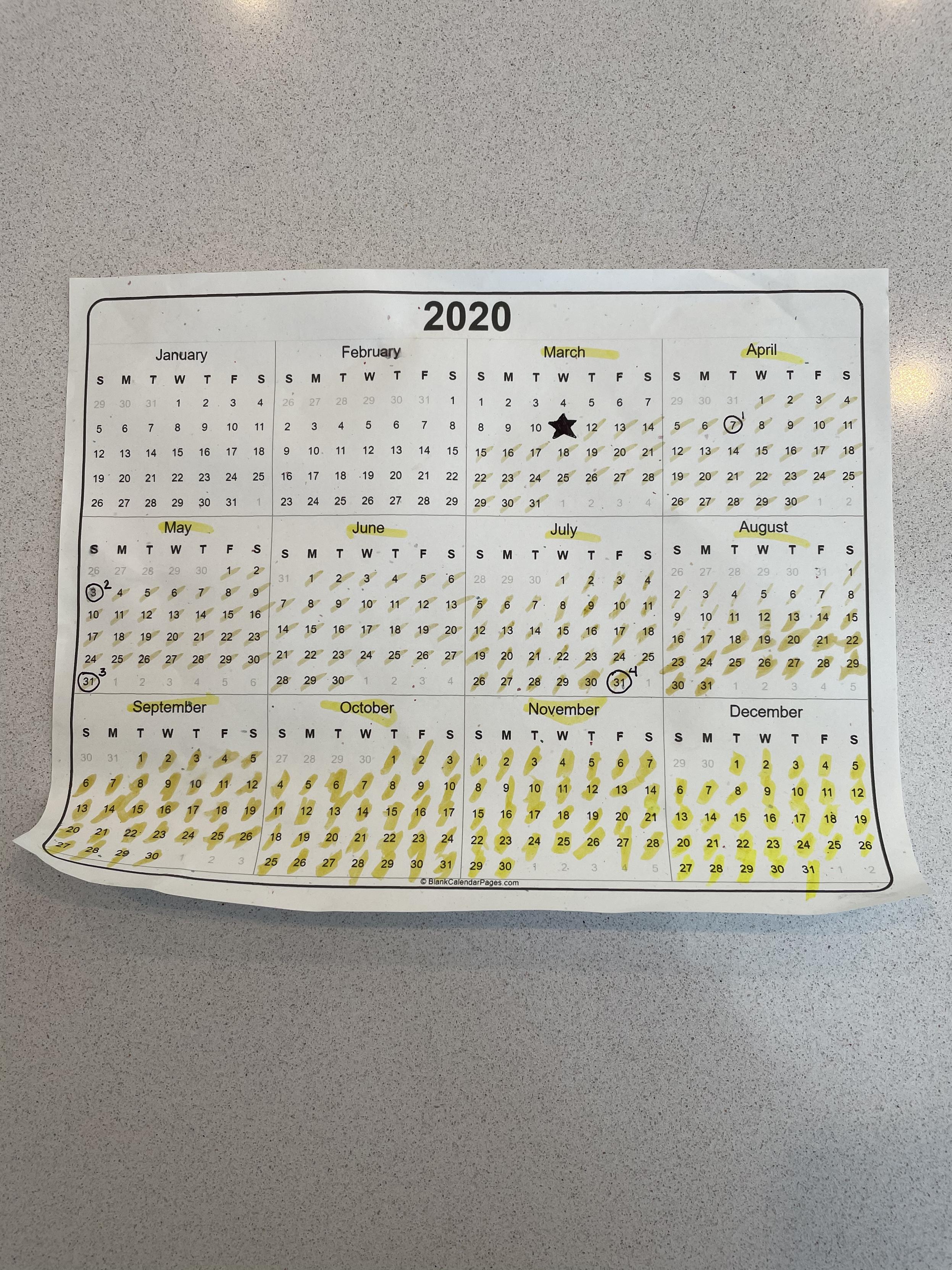 Printout of a 2020 annual calendar. March 11th has a start on it and some subsequent dates have been circled, marking proposals to when we thought things would be "safe" again. Printout of a 2020 annual calendar. March 11th has a start on it and some subsequent dates have been circled, marking proposals to when we thought things would be "safe" again.
