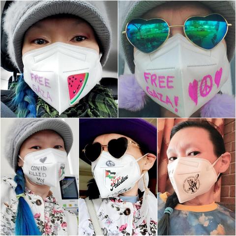 A 2x3 grid collage of close-up self-portraits of a person in a variety of settings. The subject is always wearing a white face mask. The top left has text "FREE GAZA" and a watermelon illustration. The top right mask has "FREE GAZA!" with heart and peace symbols. The middle left mask reads "COVID KILLED MY DAD" with a heart. The middle right features a mask with a Palestinian flag sticker and "Free Palestine" text. The bottom left presents a mask with an anti-fascist illustration and text. Each image features the subject with a distinct hairstyle and glasses.