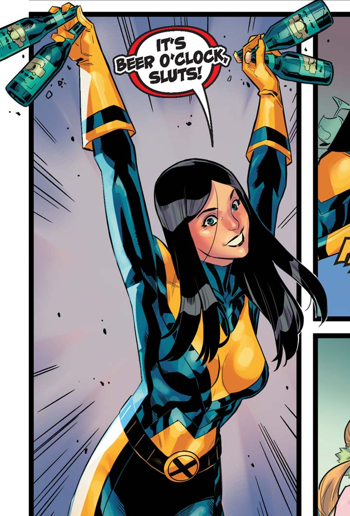 wolverine, x-23, laura kinney, in her blue and gold wolverine suit but sans mask houlds four beers over her head and shouts "it's beer o'clock, sluts!"