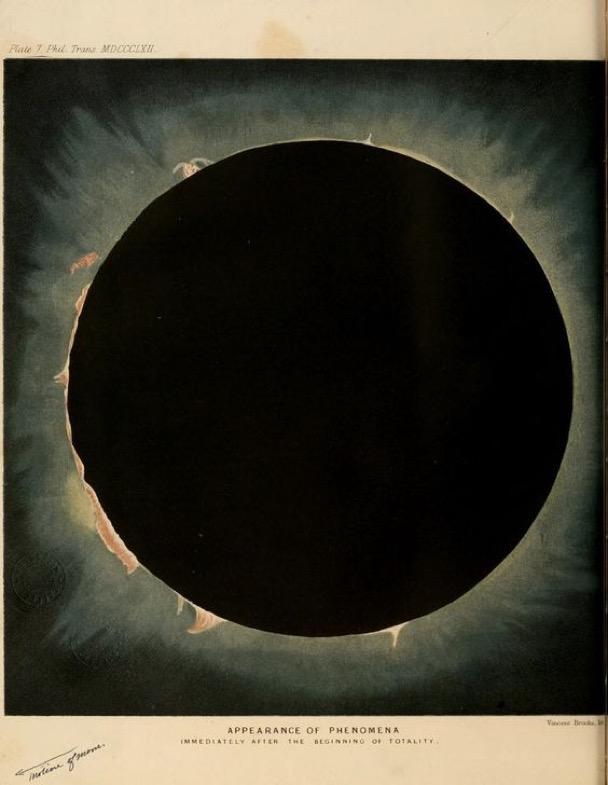 portal of old illustration of total eclipse — text on bottom, white border reads: APPEARANCE OF PHENOMENA immediately after the beginning of totality