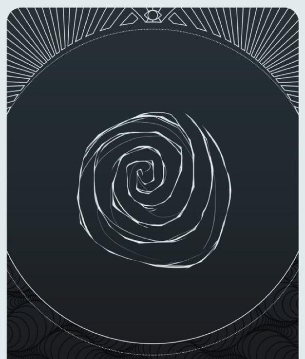 portal of drawn white whorl inside black field bordered by white rays — artist unknown
