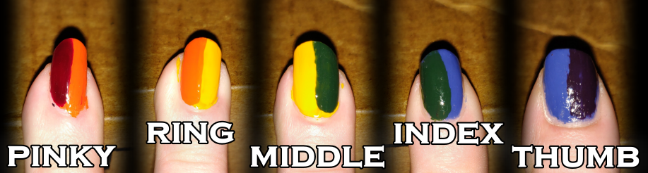 Each fingernail has two colors, split down the middle. Pinky has red/orange; ring has orange/yellow; middle has yellow/green; index has green/blue; thumb has blue/purple.