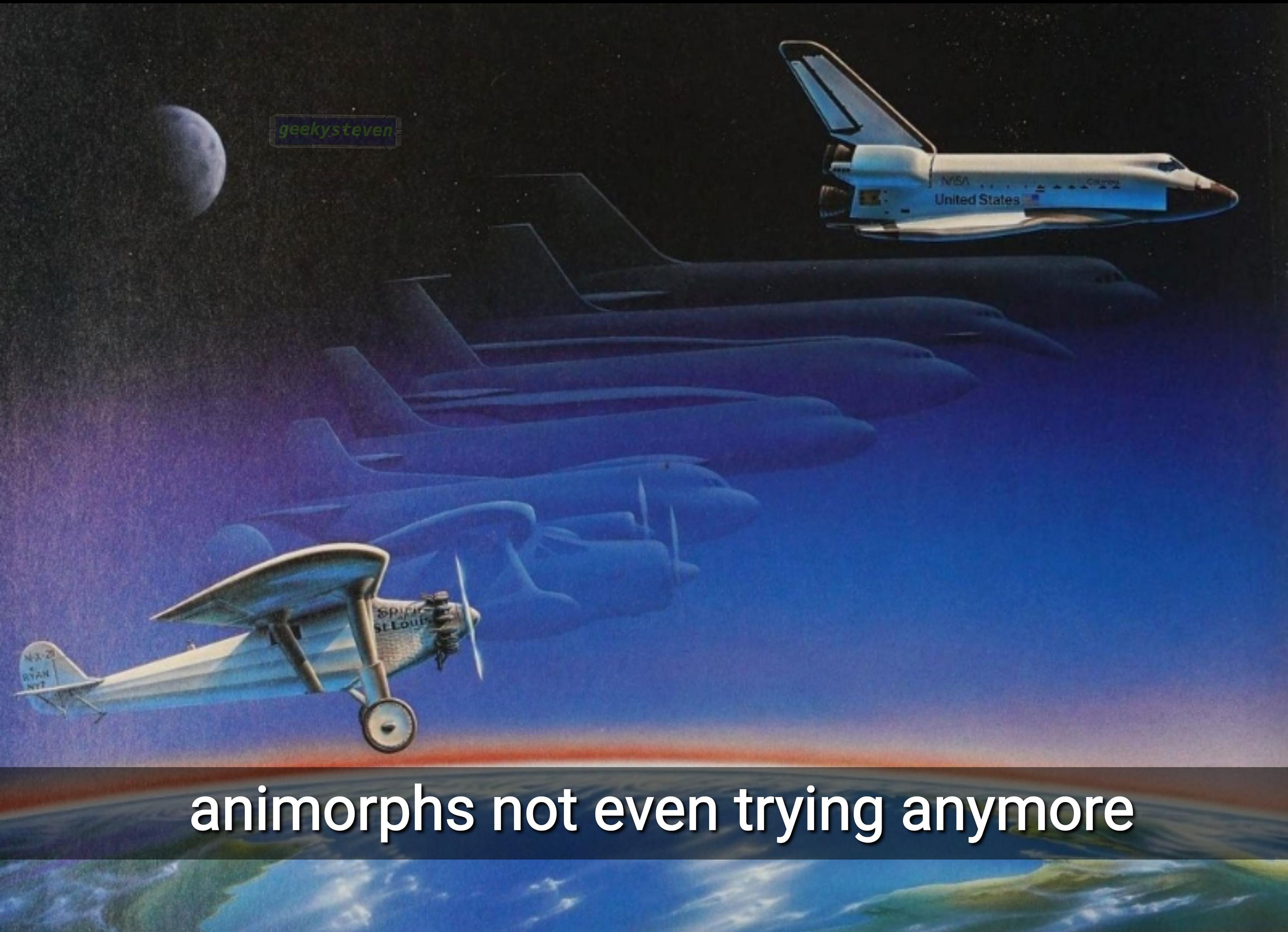 Illustration of a propeller plane flying above the earth morning into a space shuttle. Text reads "animorphs not even trying anymore"