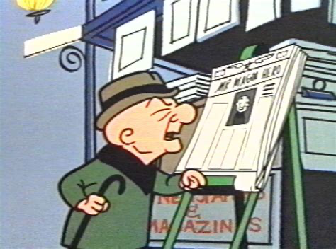 A cartoon of an old man squints at a newspaper displayed at a newspaper stand. I think he looks like the guy in the previous toot.