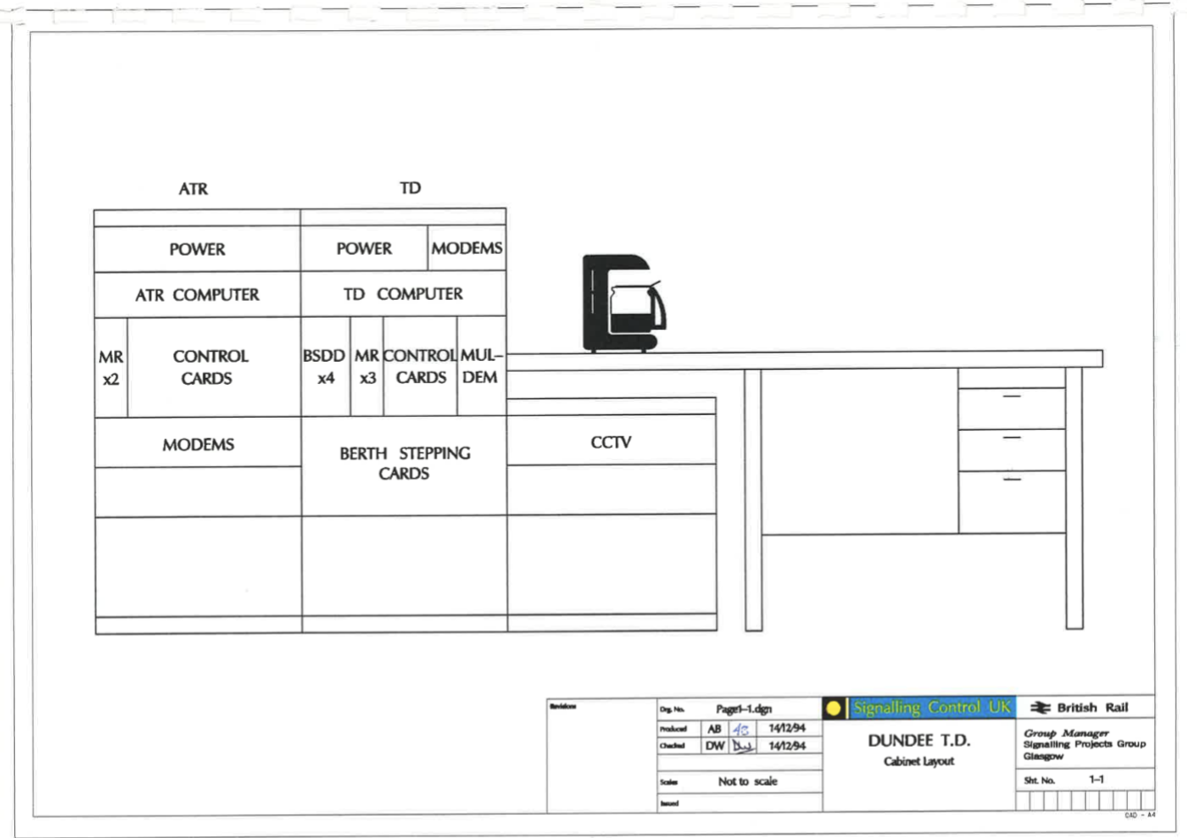 engineering drawing titled "Dundee T.D. Cabinet layout" showing two full-height cabinets full of generously-sized computers and electronics, and a half-height cabinet underneath a counter. there is a coffee machine on the counter