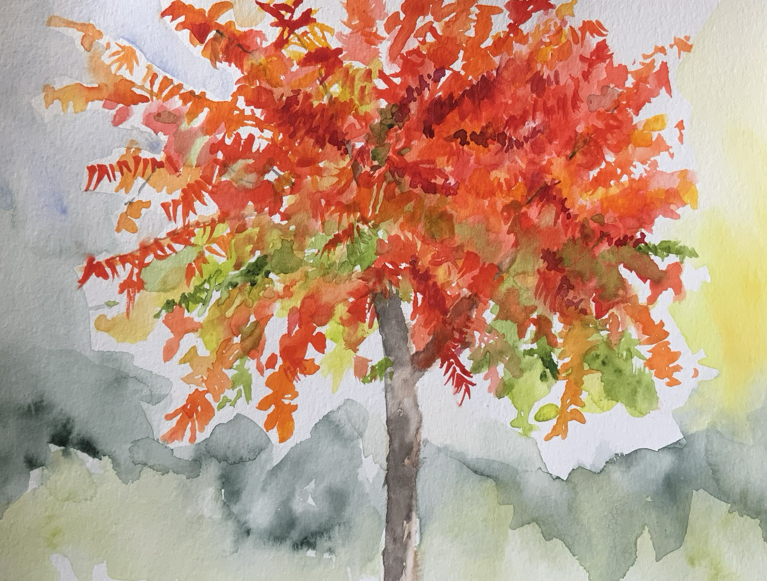 A vibrant autumnal pistachio tree in watercolor. Reds, oranges, yellows, greens.