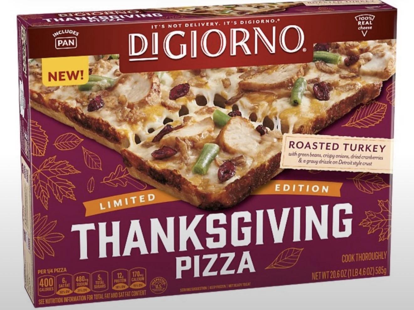 A frozen pizza box featuring Digiorno's limited edition Thanksgiving Pizza. The packaging highlights roasted turkey, green beans, crispy onions, and dried cranberries on a Detroit-style crust. The box indicates it is a new product and includes nutritional information.