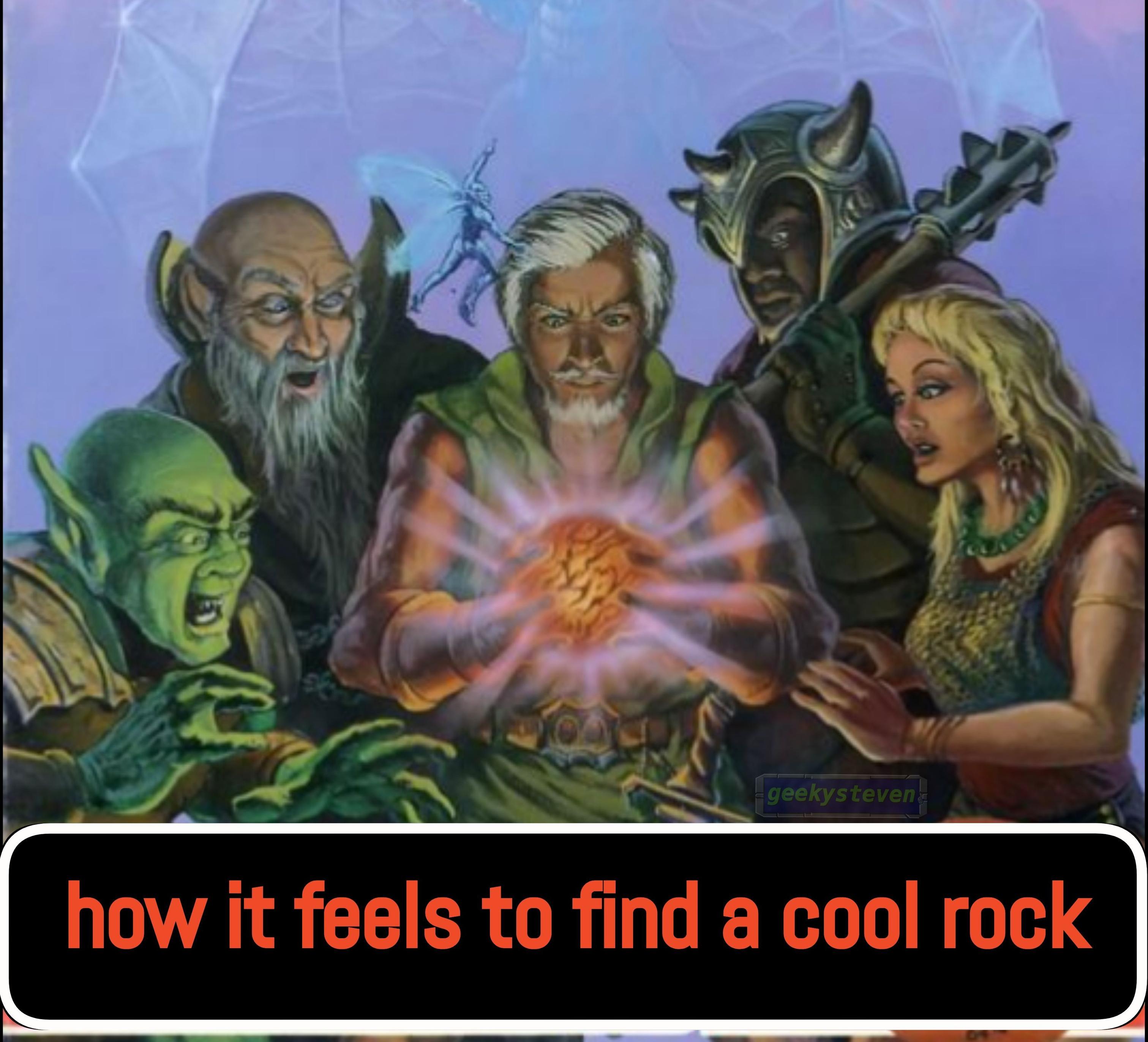 Cover art for Phantasie II depicting the scene where a human is holding a glowing orb and several fantasy characters are nearby looking on with intent interest. Text reads "how it feels to find a cool rock"