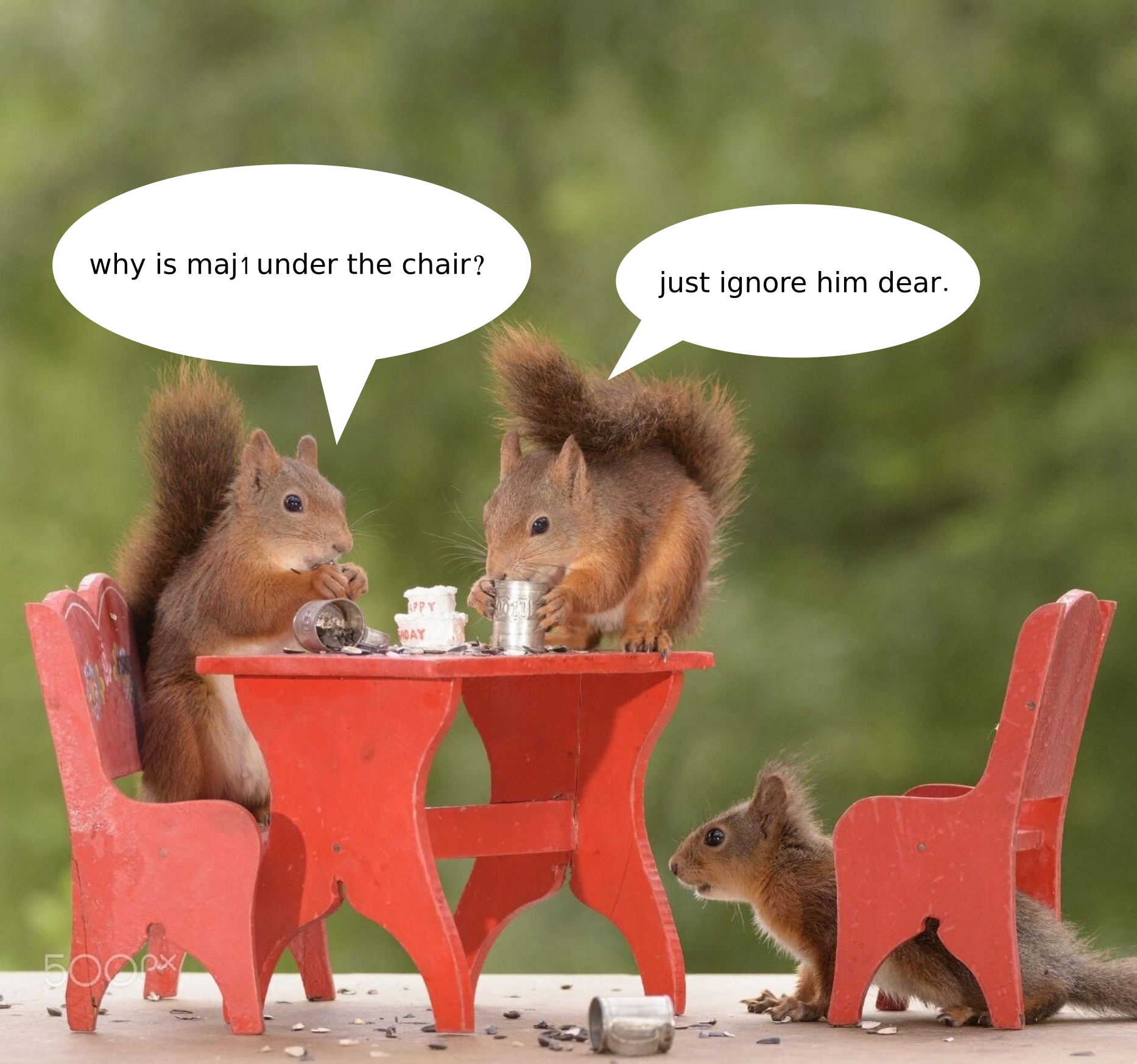 Picture 3 squirrels & a set of squirrel sized table & 2 chairs painted red.
Two of  squirrels appear to be having a tea party , one of them is sat on the chair on the left, the 2nd is sat on the table. The third is under the 2nd chair looking somewhat left out!

Credit: DDG find with addnl work by @amiserabilist@beige.party