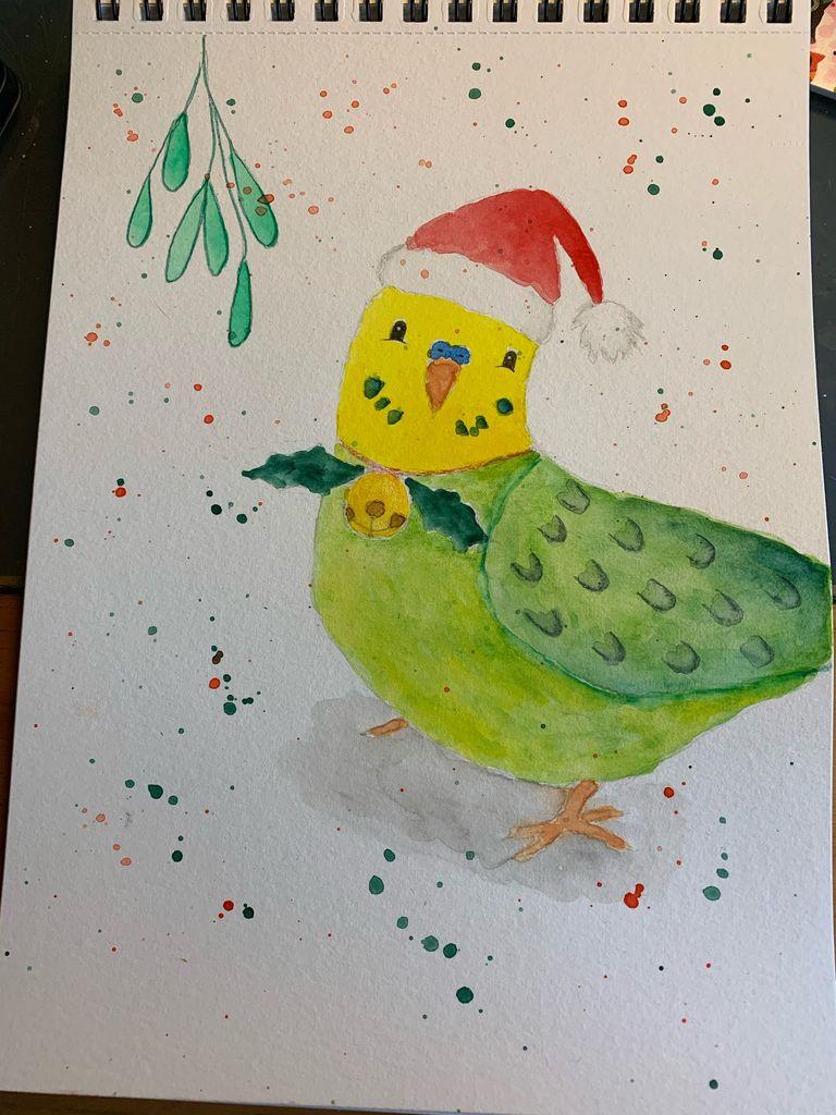 A green budgie with a Christmas hat and a Holly bell under the mistletoe in watercolor