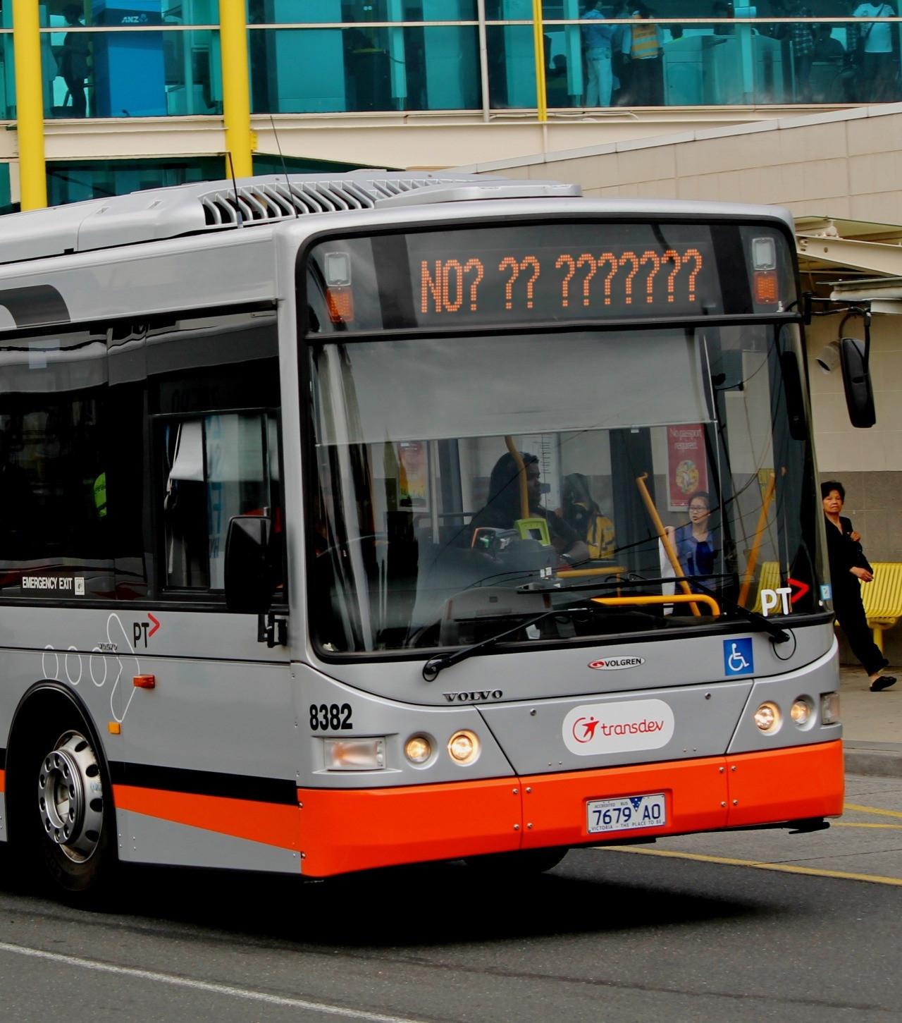A bus with the light display showing "NO? ?? ???????"