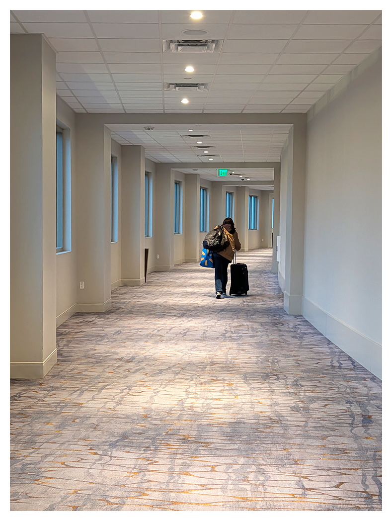 person walks alone down a long, curving, empty, carpeted hallway with neutral gray walls and ceiling lights pulling a black rolling suitcase and carry a bag on their shoulder windows line the left side and allow gray light in.