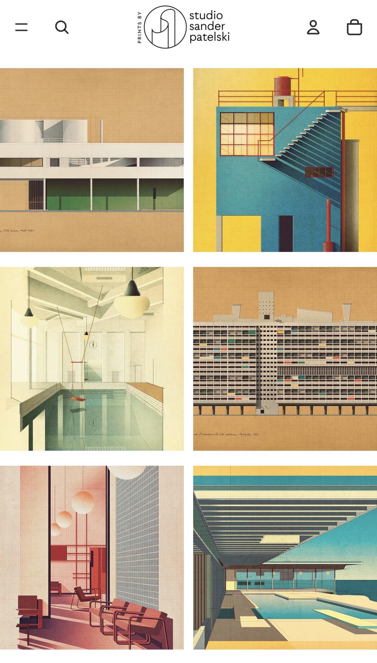 Screenshot from sanderpatelski.com showing six examples of lovely digital renditions of mostly midcentury structures.