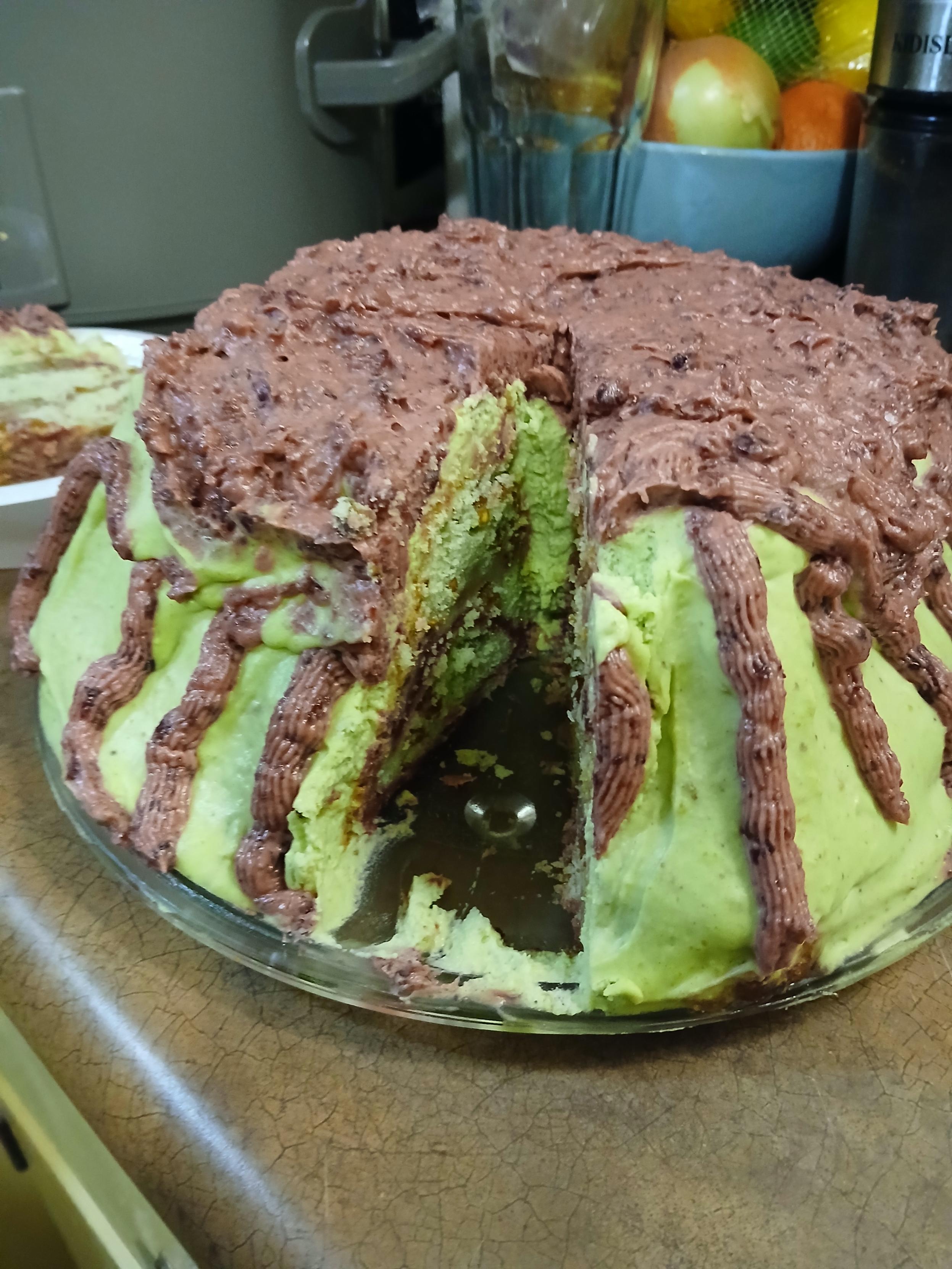 So it's was made in a bunt cake pan so in a round dome shape, most of it is a kind of lumpy Grinch green and then there's purple brown icing haphazardly placed on the top and in streaks down the side, it is also lumpy