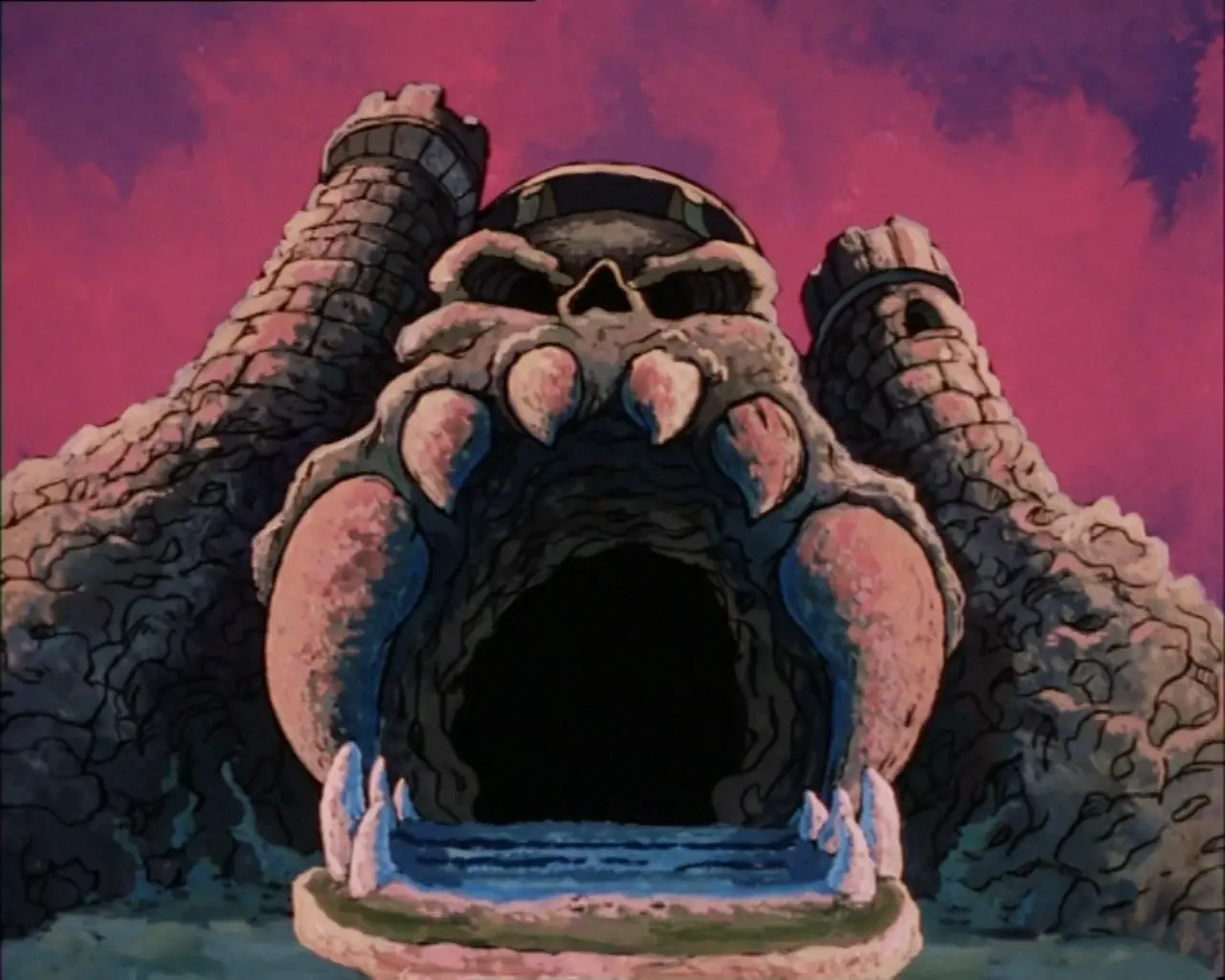 A cartoon still of Castle Grayskull from He-Man. The drawbridge makes up the lower jaw of the skull-shaped castle.
