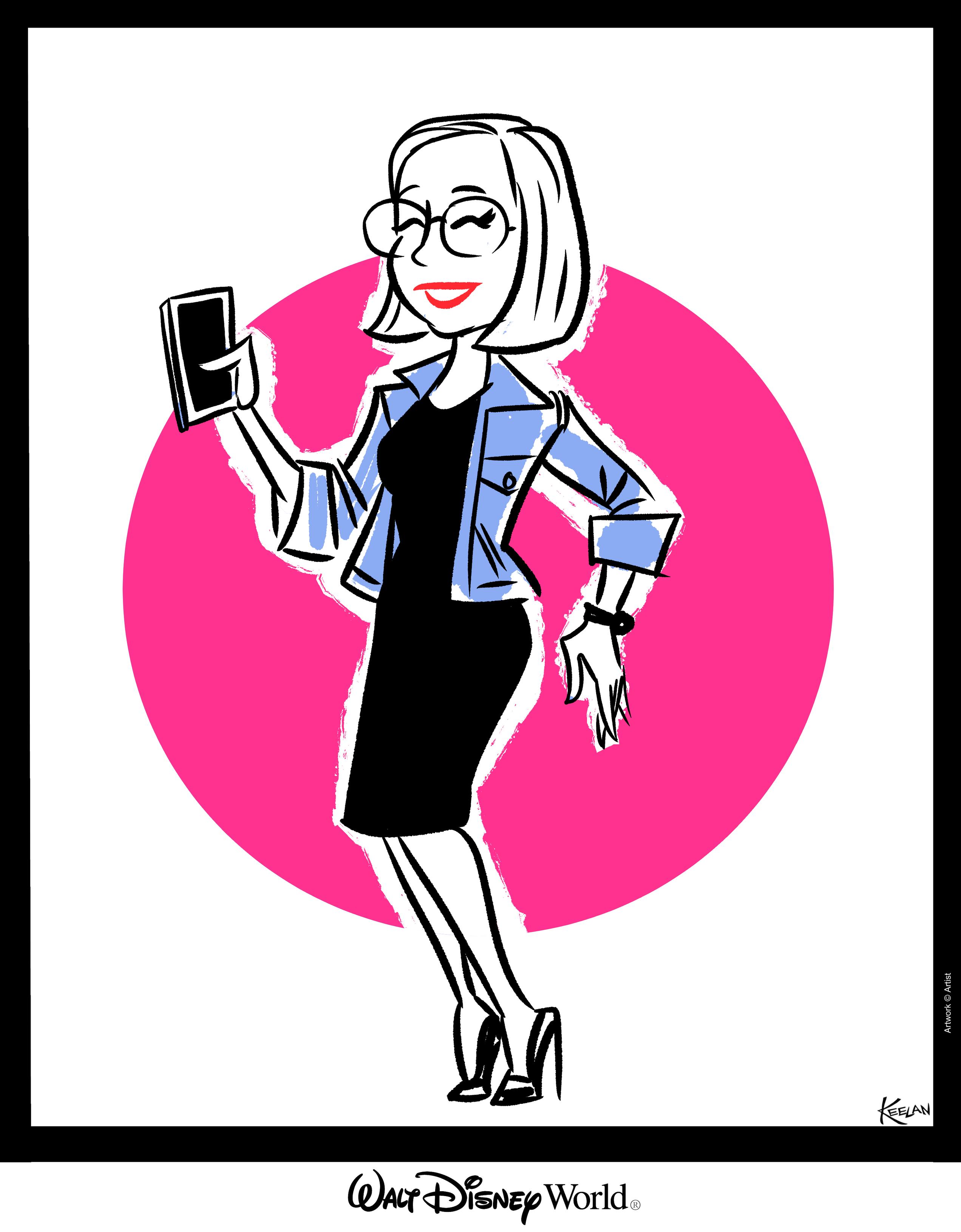 Caricature of a woman with a chin length bob and glasses wearing a jean jacket and a knee length black dress who is holding up her phone.
