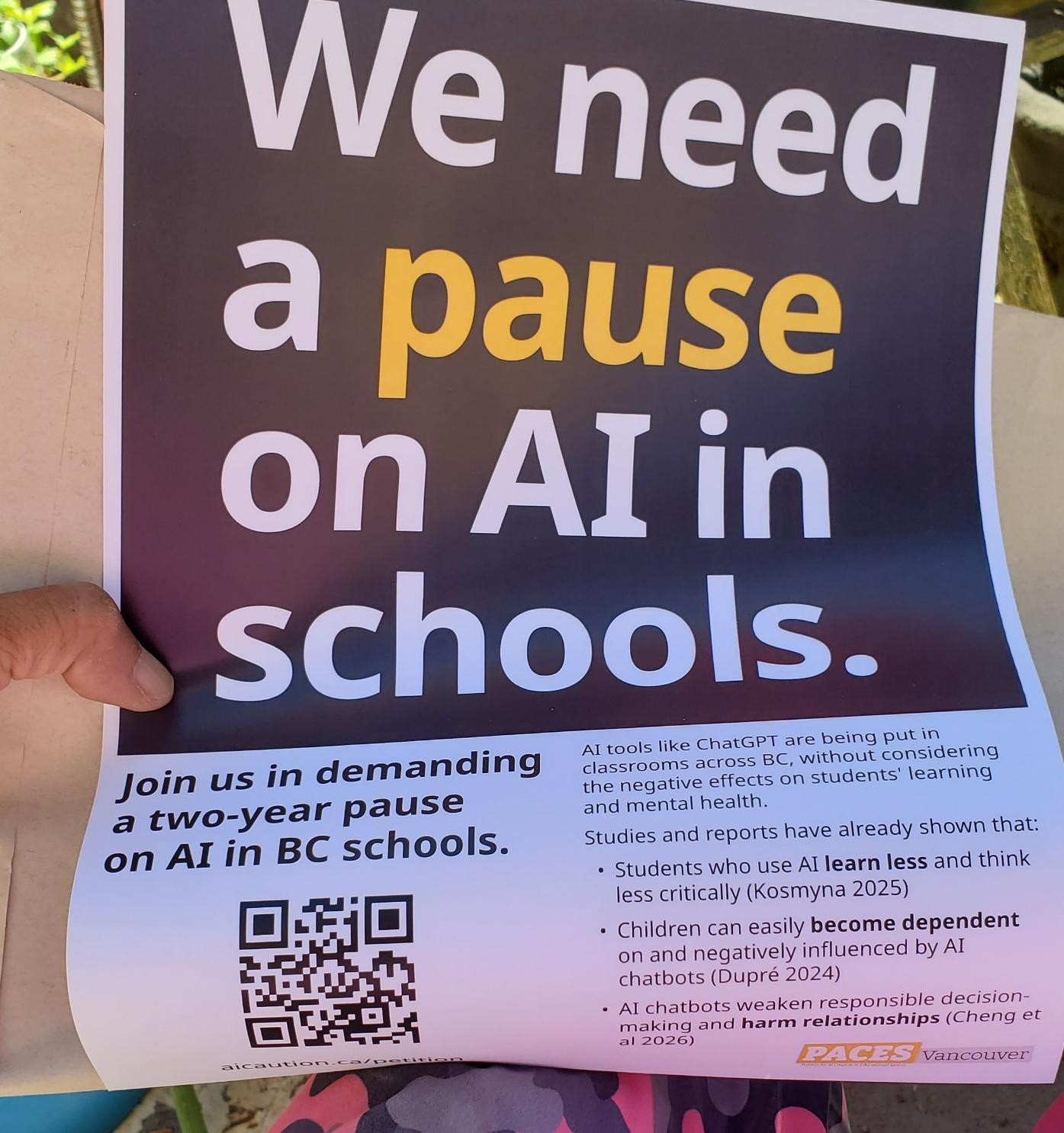 Poster advocating for a two-year pause on AI in BC schools, with text "We need a pause on AI in schools." and a QR code for a petition.