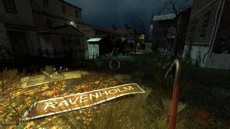 screenshot from Half Life 2 as the protagonist enters the ill-omened town of Ravenholm: a sign with that name lies discarded in the foreground, against a background of growing darkness and foreboding...