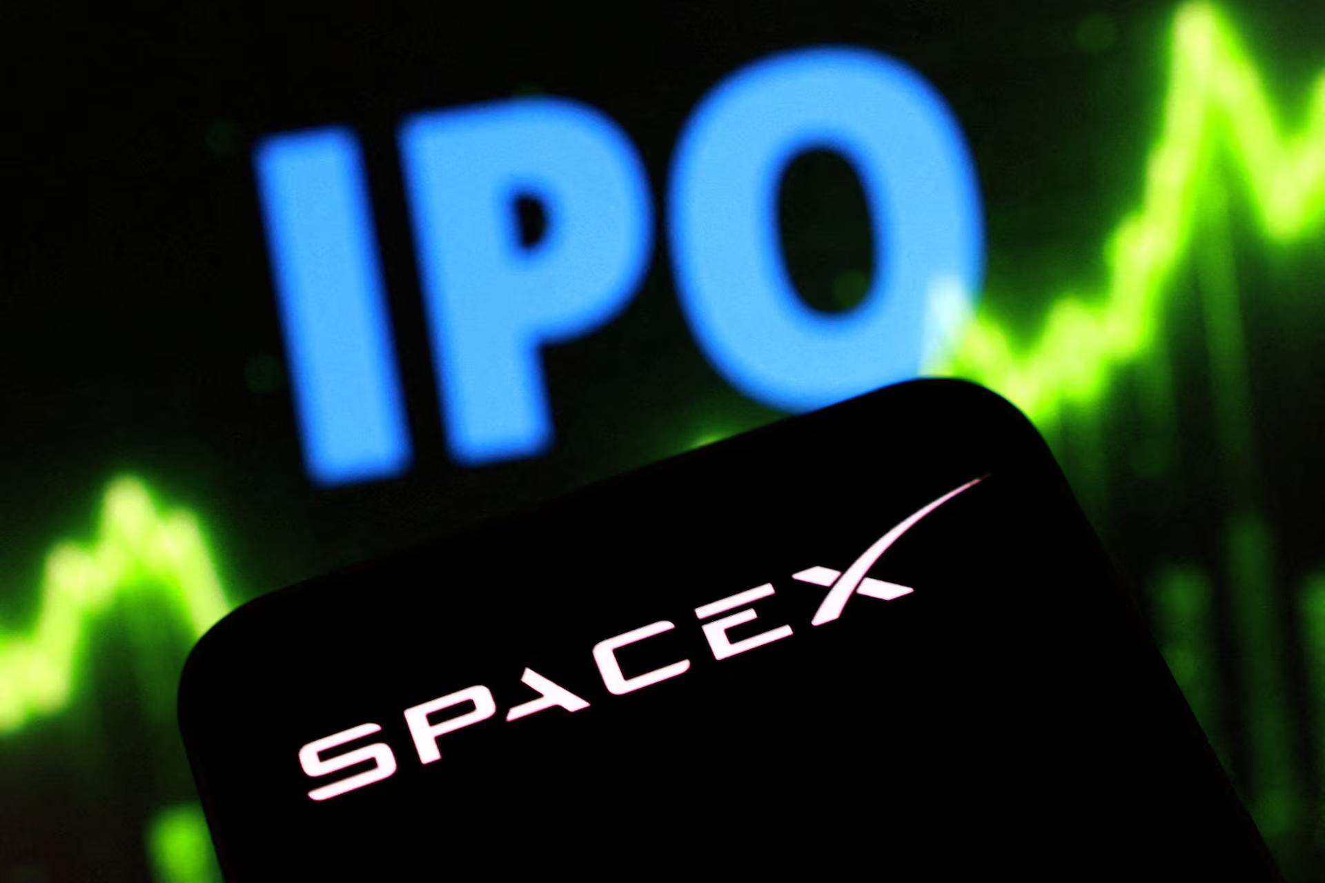 Space X logo with a green chart in the background and the word IPO in blue.