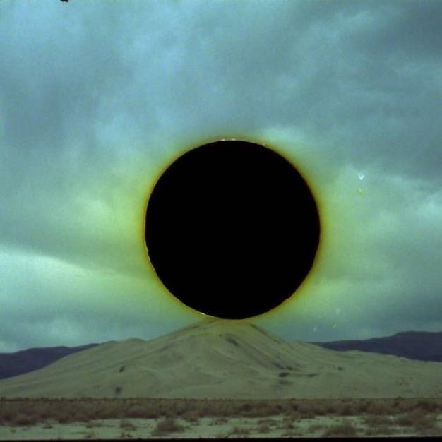 black sphere with yellow-green halo, something like a solar-eclipse, superimposed stops cloud sky above a hilly, desert landscape — source unknown