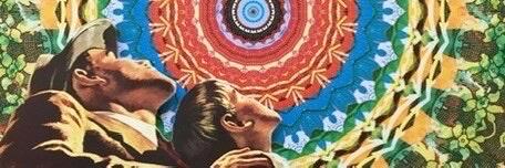 collage/illustration of 50s era father & child gazing upwards into rainbow vault of concentric circles