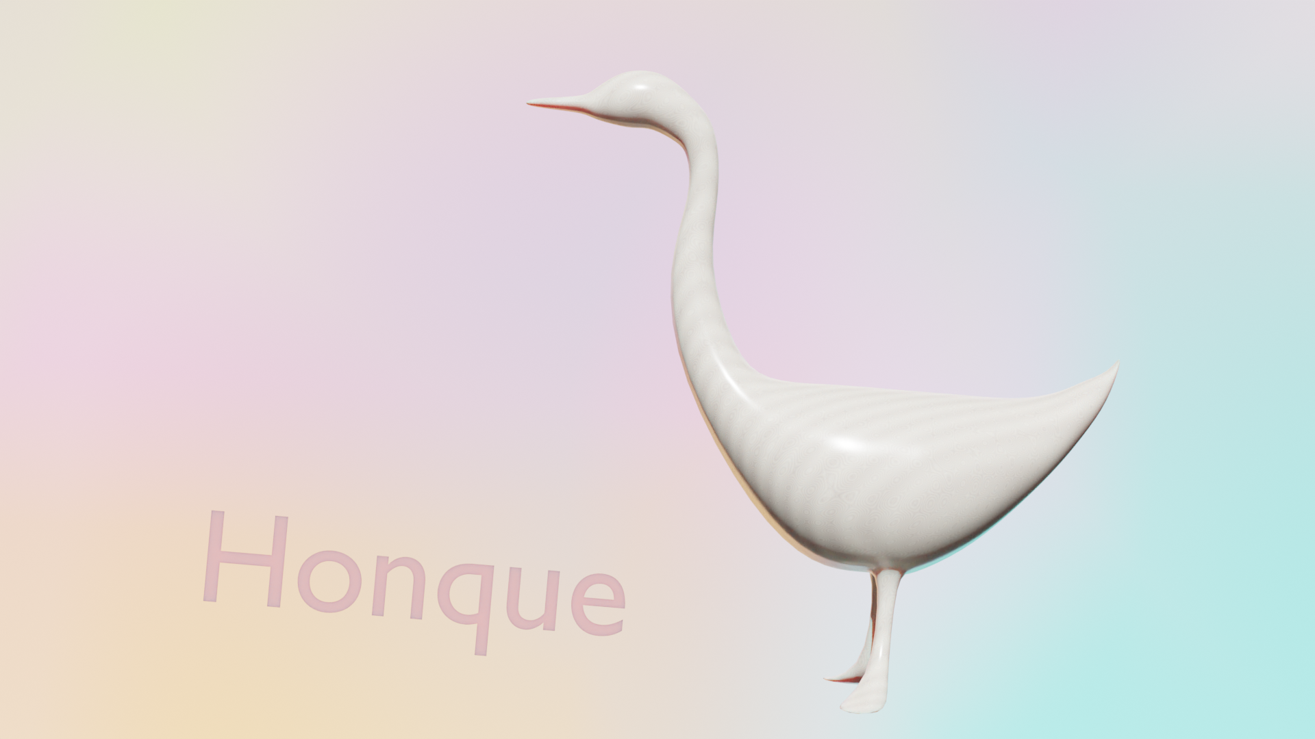 A stylized 3d goose over a pink, yellow, and blue asymmetrical gradient with the caption "Honque"
