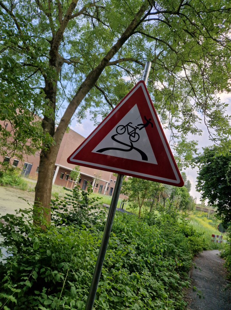 A sign with a red triangle, and inside is a pic of a bike with crossing skidmarks, and a person flying off of it