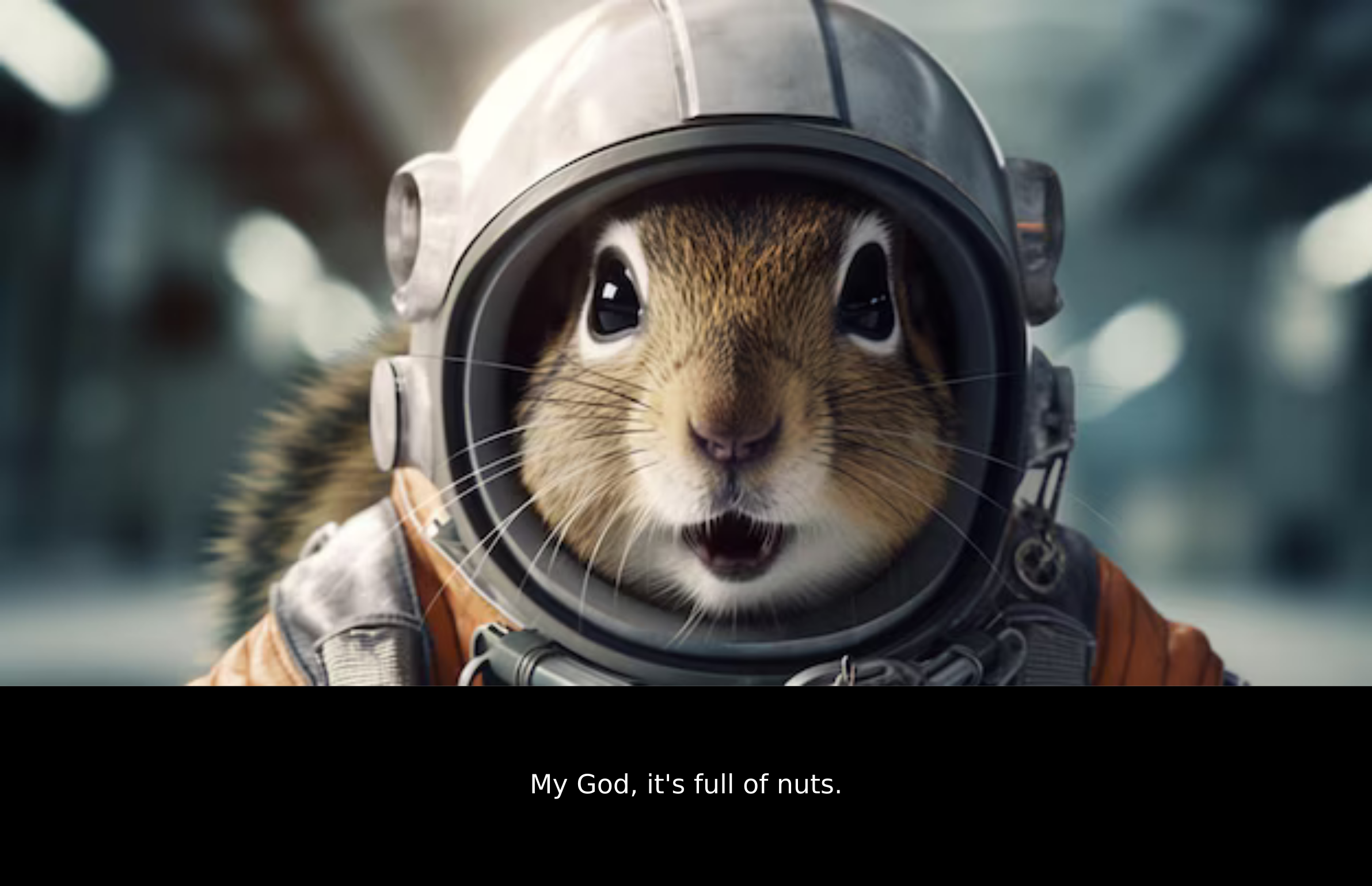 Picture a squirrel in a space suit standing in a room in  a space ship that is blurred out so we cannot see any details. The squirrel has a look of shocked awe on their face! 
The caption reads: “My god it’s full of nuts! ”

Meme created by @amiserabilist@beige.party (cheers Paul! )