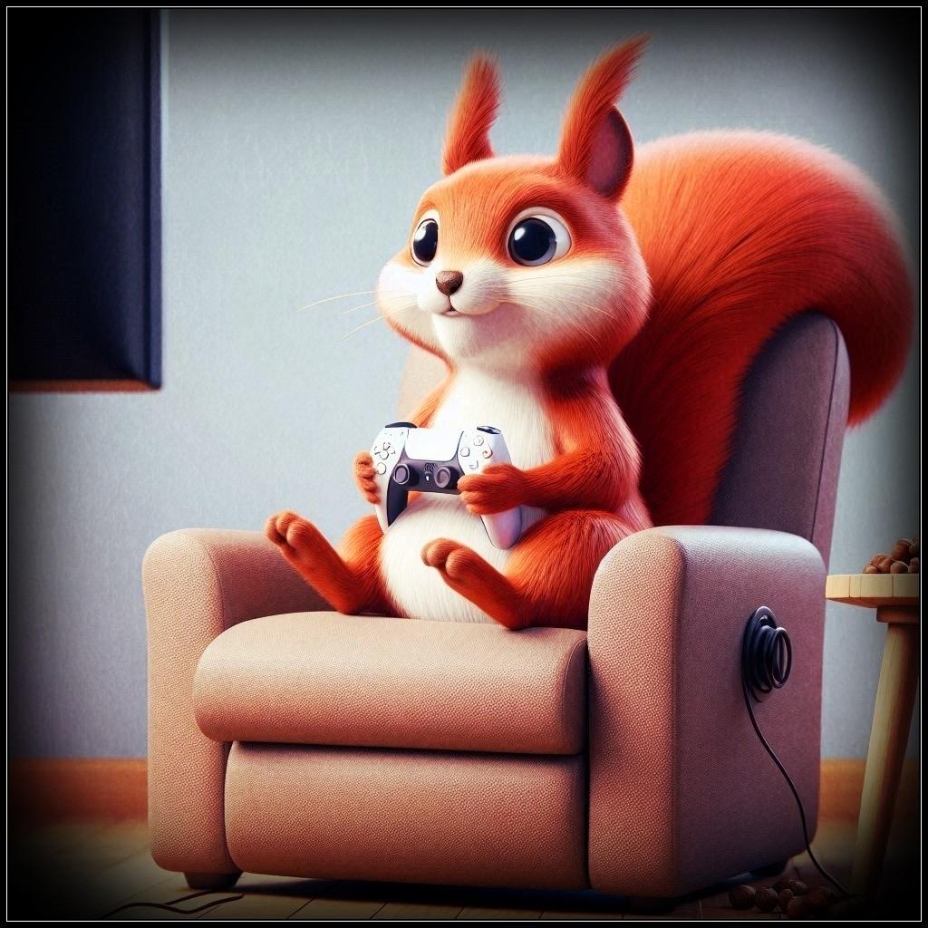 An edited AI image of a red squirrel in a relaxing chair. He's holding a white PS5 controller, backwards mind you, and he's looking at the TV. Probably wondering why he can't get his character to move...

CREDIT: AI generated with help from @PixysJourney@beige.party