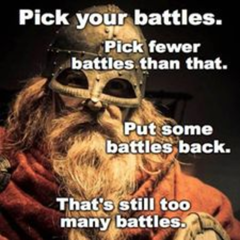 A meme with a bearded Viking that says Pick your battles.
Pick fewer
battles than that.
Put some
battles back.
That's still too
many battles.
