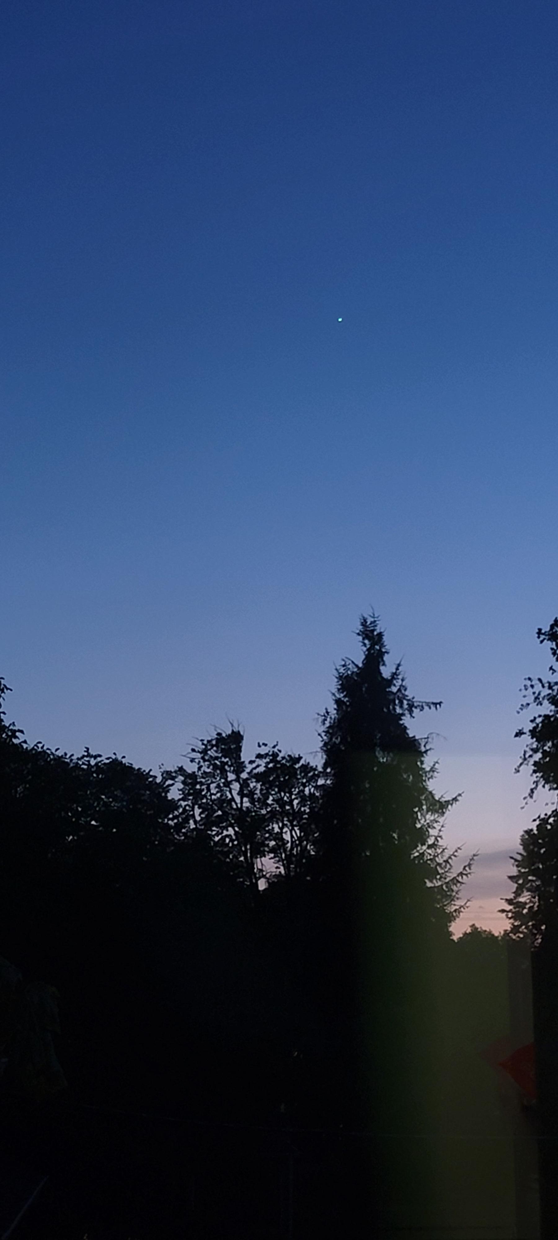Bright planet in a sky ranging from pastel pinks to dark blue, above trees dark in the evening light