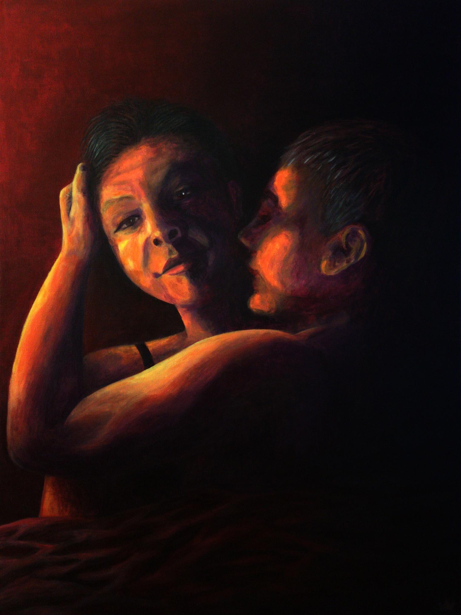 2 femme looking people lying in bed, hugging, but maybe something more sex-y is implied. very dark, orange/red lighting, coming from the left (a candle maybe?)