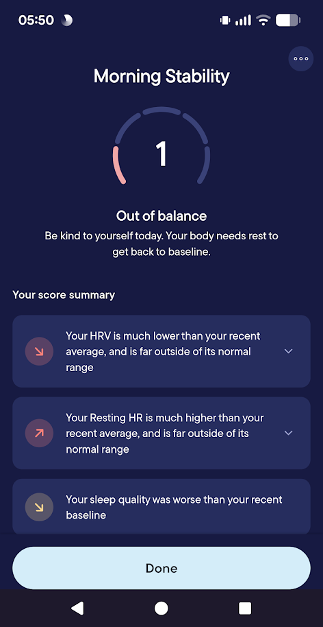 Screenshot from Visible app showing a morning stability score of 1, saying my body needs to rest.