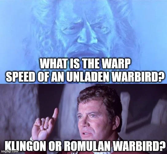 The "What does 'God' need with a starship?" scene from Star Trek 5: The Final Frontier. Top panel is very sky blue. "God" asks, "What is the warp speed of an unladen warbird?" Bottom panel is normal colors. Kirk raises a finger and asks, "Klingon or Romulan warbird?"