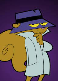 Picture a shot of the cartoon character ‘Secret Squirrel’. A squirrel dressed in a full length white trench coat with the collar turned up & a purple fedora pulled down to the nose with 2 eye slits cut in it & also 2 slits for their ears.

Credit: DDG find.