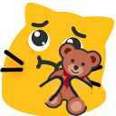 An illustration of a yellow Blobcat looking incredibly adorable and a bit worried, with big, glossy, pleading eyes and tilted black eyebrows. He has two black whiskers on his left cheek and is tightly hugging a small, brown teddy bear with both of his little yellow paws. The cute teddy bear has a friendly smile, round black eyes, and a small red ribbon tied around its neck. The entire image is set against a transparent background.