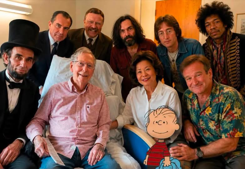 Horizontal photo-like object that -- if I had to guess -- is probably Ai-generated.
A grouping of from left: Abraham Lincoln, Richard Nixon, McConnell, Teddy Roosevelt, Charles Manson, Elaine Chao, Linus from Peanuts, John Lennon, Robin Williams, and Jimi Hendrix. Elvis had just left the building so he's not in the photo, but he had a 20-minute conversation with the recuperating Senator before leaving.