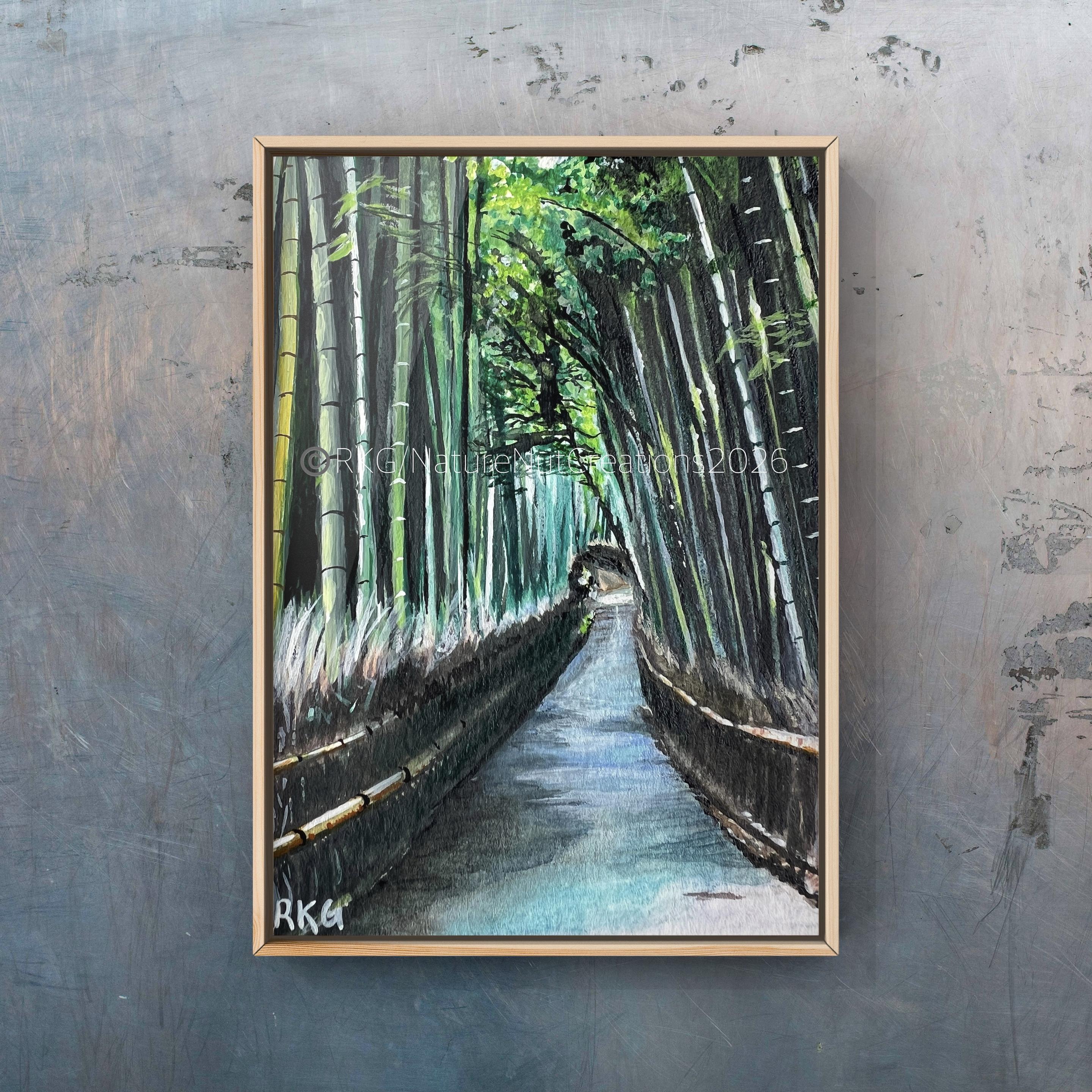 A serene path through the world famous bamboo forest of Arashiyama in Kyoto, featuring tall green bamboo stalks on either side. The winding pathway is lined with a fence of woven bamboo grass that contains the forest, creating a tranquil and inviting atmosphere. The scene is presented in a decorative frame against a gray textured background.