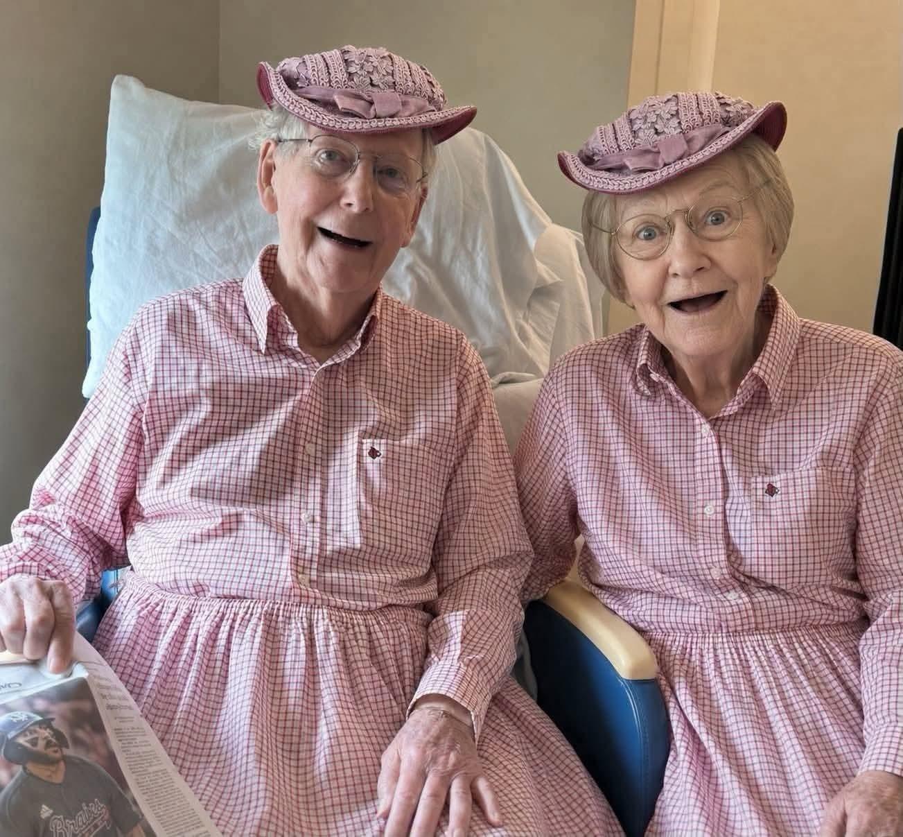 Mitch McConnell (left) in a pink gingham outfit including hat, sits up during a 20-minute visit from also alive actress Irene Ryan, in a similar outfit. McConnell looks remarkably like Ryan even without the costume.
Ryan played Daisy May "Granny" Moses in the 1962-1971 TV sitcom, "Beverly Hillbillies," and died in 1973. She's buried in Woodlawn Memorial Cemetery in Santa Monica, California.
Still no word on where McConnell is buried.