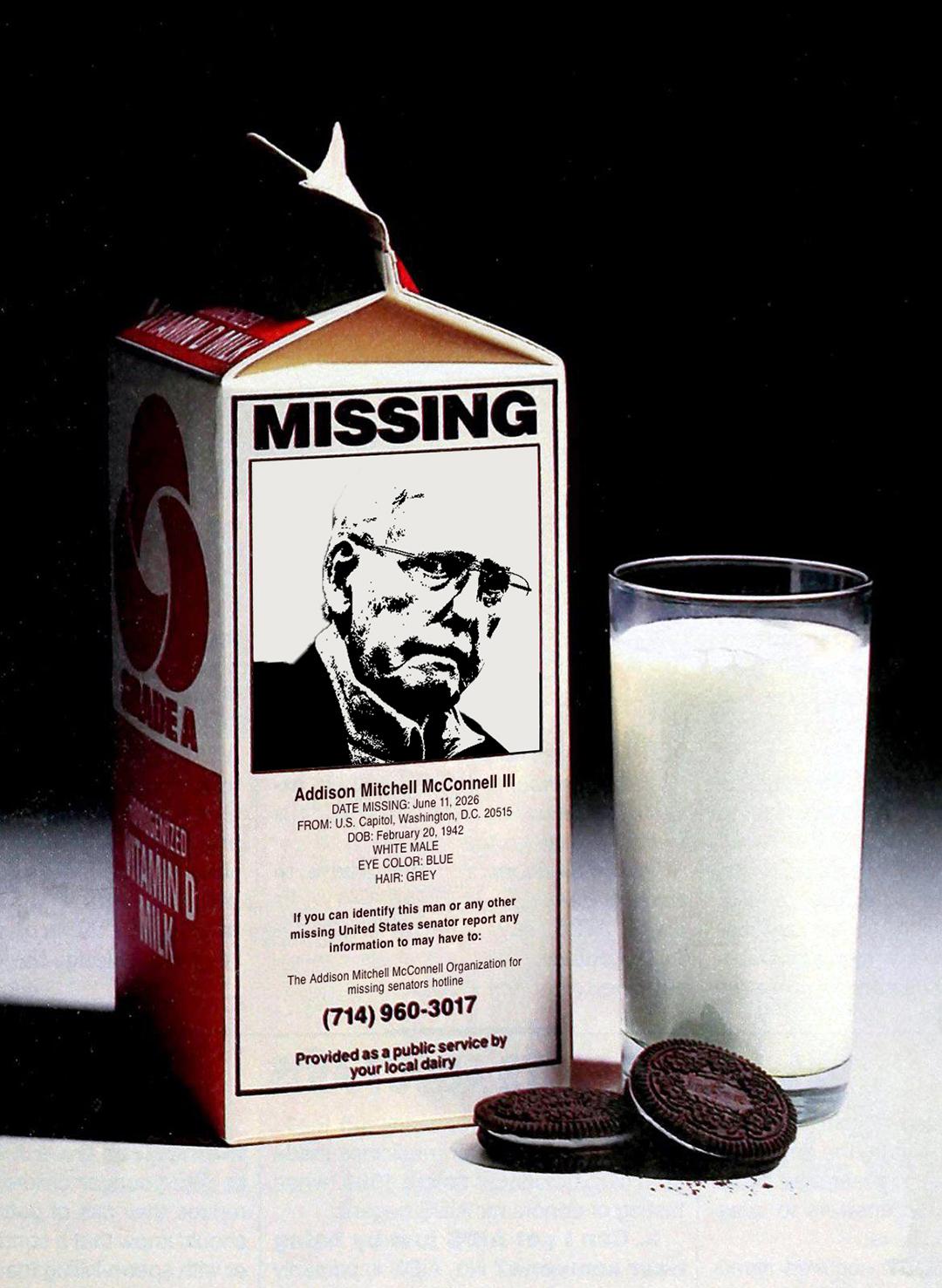 American milk carton with MISSING CHILD photo in black and white on the back as a public service which started in September 1984. The effort scared children and rarely lead to finding them. In this photo, the missing child is Senator Mitch Mcconnell who has been missing from work for 39 days and is presumed deceased