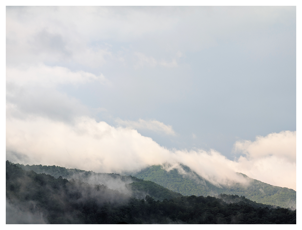 Lush green mountains rise beneath a pale blue sky, partially covered by thick, low-lying white clouds and mist.