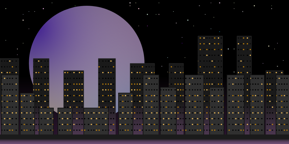 an svg drawing of a cityscape in front of a starry night sky with a large pastel moon hanging background