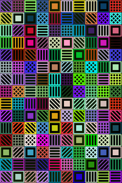 a rectangle of multicolored squares with various fill patterns on a black background
