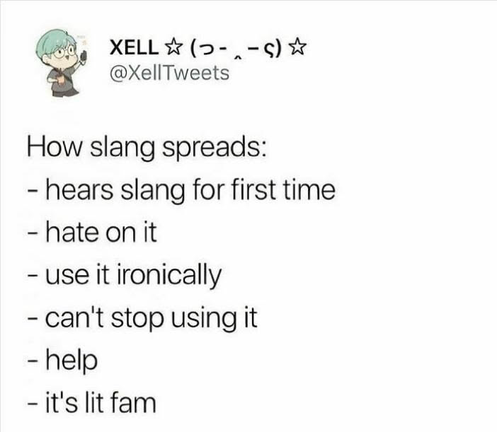 A tweet from "XELL % (2- _-¢) %" stating:

How slang spreads:
- hears slang for first time
- hate on it
- use it ironically
- can't stop using it
- help
-it's lit fam