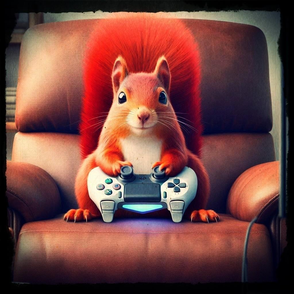 Edited AI image of a red squirrel, sitting on a comfortable brown leather chair, with a white PS5 controller in his paws. He appears to be gaming and he's got a little smile on his face, so maybe he's winning?

Many thanks to @PixysJourney@beige.party for this! 😊