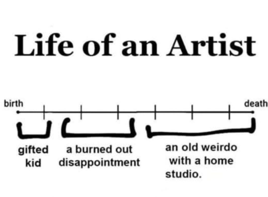 "Life of an Artist"
A graph from birth to death, divided into 3 sections: "gifted kid", "a burned out disappointment", and "an old weirdo with a home studio".